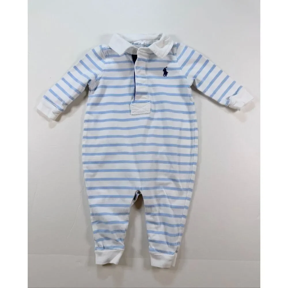 Ralph Lauren Baby Size 6M Blue White Stripe Polo Romper 1 Piece Embroidered Pony